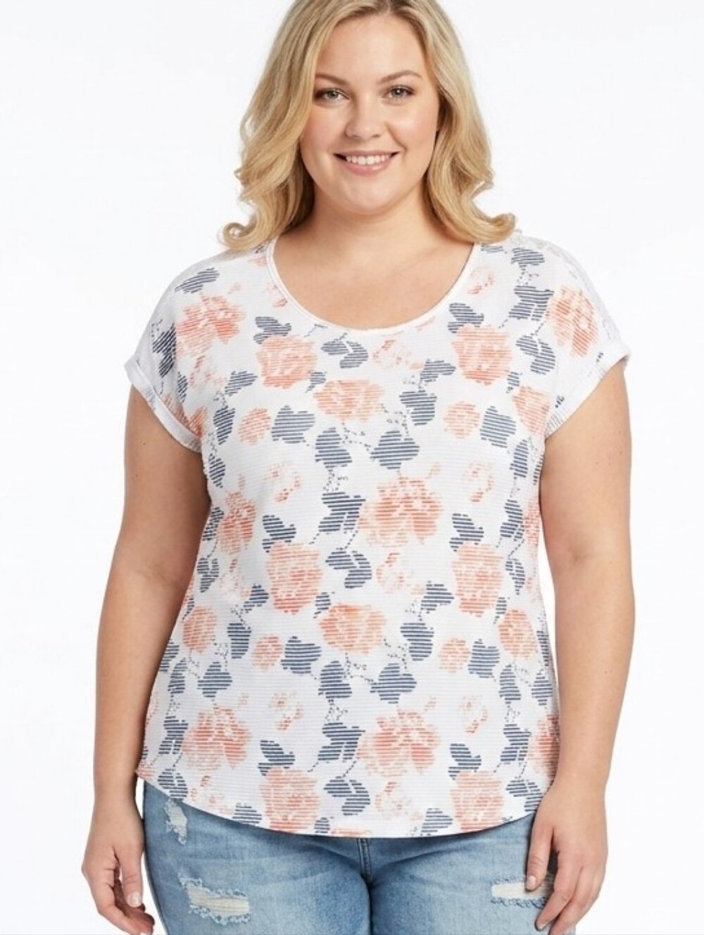 2/$20 XL Ricki's White Short Sleeve Tee with Floral Print And Lace